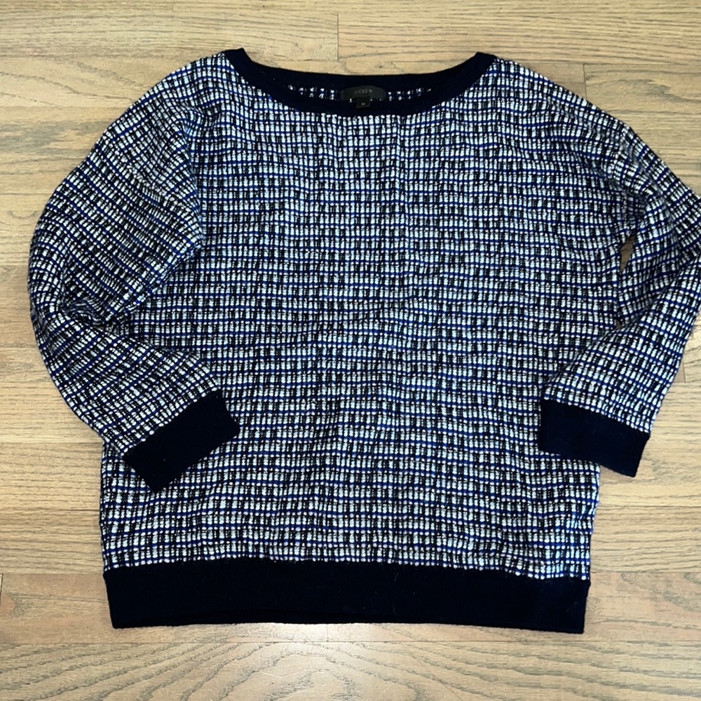 J. Crew Tweed Wool Blue Silver Metallic Knit Quarter Sleeve Pullover Sweater S